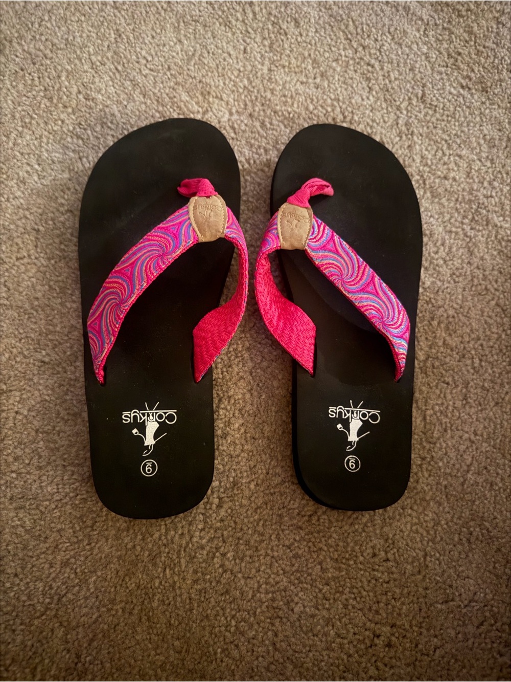 Corkys Black Flip Flop Sandals with Pink Swirl Straps